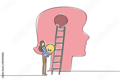 Continuous one line drawing a woman carrying lightbulb wants to climb ladder attached to big head silhouette. Improve way of think. National Creativity Day. Single line draw design vector illustration