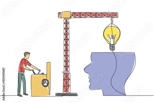 Single continuous line drawing a man controls crane inserts lightbulb into big open silhouette of a head. Strengthen memory. Refreshing. National Creativity Day. One line design vector illustration
