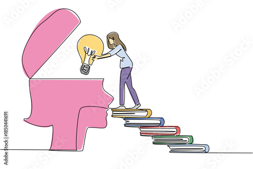 Single continuous line drawing a woman walks carry a big lightbulb towards a silhouette of a head with open top. Instilling peace of mind. National Creativity Day. One line design vector illustration