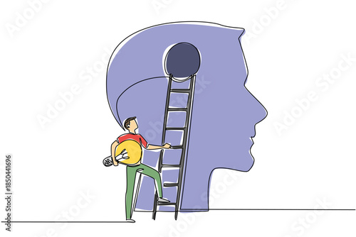 Continuous one line drawing a man carrying lightbulb wants to climb ladder attached to big head silhouette. Patching new ideas. National Creativity Day. Single line draw design vector illustration