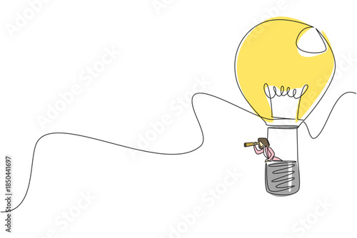 Single one line drawing businesswoman rides hot air balloon shaped lightbulb and looks through using monocular. New opportunities. National Creativity Day. Continuous line design graphic illustration