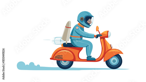 Sci-Fi Astronaut Character Riding Orange Scooter with Jet Rocket Booster