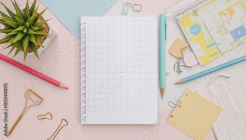 Creative workspace with notebook, stationery, plant, and pastel colors