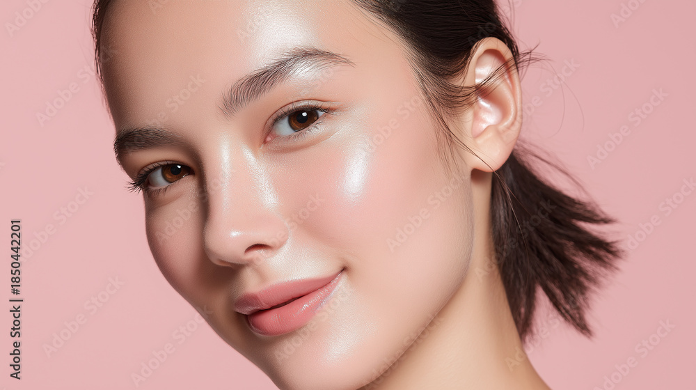 Fototapeta premium Radiant young woman with glowing glass skin high cheekbones soft shadows pastel rose background natural makeup healthy complexion smooth texture subtle smile fresh beauty