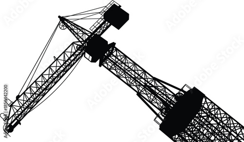 Tower crane boom silhouette detail, industrial construction machinery structure, heavy lifting equipment, engineering design, infrastructure development, steel framework, vector illustration