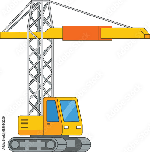 Tower crane illustration, tracked construction lifting machine with telescopic jib, heavy industrial building equipment icon isolated on white background