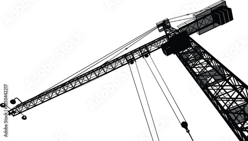 Tower crane silhouette perspective, construction site machinery, steel lattice boom, heavy lifting equipment, industrial engineering structure, infrastructure development, vector illustration