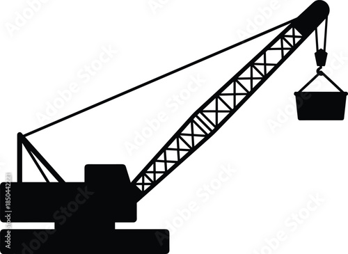 Tower, crane, silhouettes, construction, lifting, bucket, machinery, industrial, equipment, heavy, load, hoist, building, site, engineering, vector, illustration, set, isolated, white
