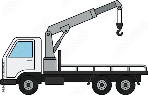 Truck mounted crane illustration, flatbed lifting vehicle, industrial construction machinery, hydraulic boom equipment, flat vector style, transport engineering, isolated background