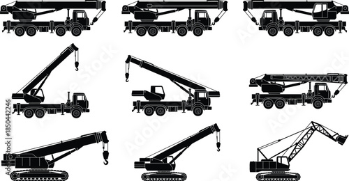 Truck mounted crane silhouette icon set with mobile cranes, crawler cranes, heavy lifting construction machinery isolated white background