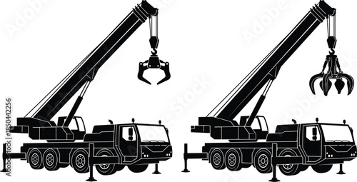 Truck, mounted, crane, grab, grapple, silhouettes, construction, lifting, machinery, industrial, equipment, transport, heavy, load, handling, vector, illustration, set, isolated, white