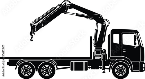 Truck, mounted, knuckle, boom, crane, silhouettes, construction, lifting, machinery, industrial, equipment, transport, hydraulic, operator, heavy, load, handling, vector, isolated, white