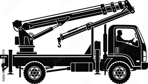 Truck, mounted, telescopic, crane, silhouettes, construction, lifting, machinery, industrial, equipment, transport, operator, heavy, load, handling, vector, illustration, isolated, white, background