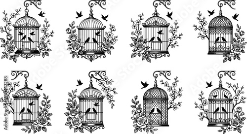 Vintage hanging birdcage floral silhouettes collection, decorative birds flowers ornate cages romantic illustration set isolated on white background