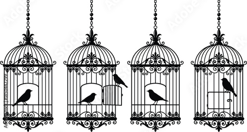 Vintage, bird, cage, silhouettes, hanging, decorative, iron, cages, with, birds, classic, ornamental, design, collection, black, vector, illustration, set, isolated, white