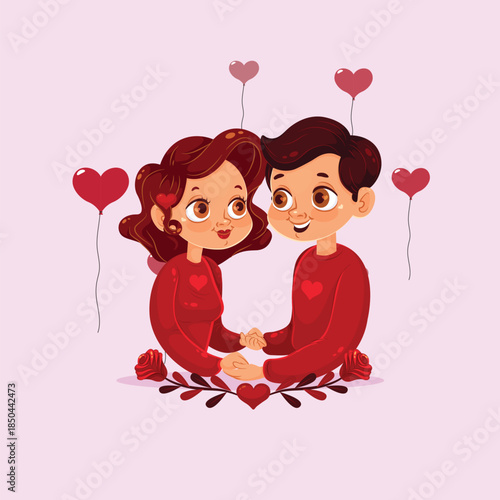 Cute Valentine Couple Sitting with Hearts
