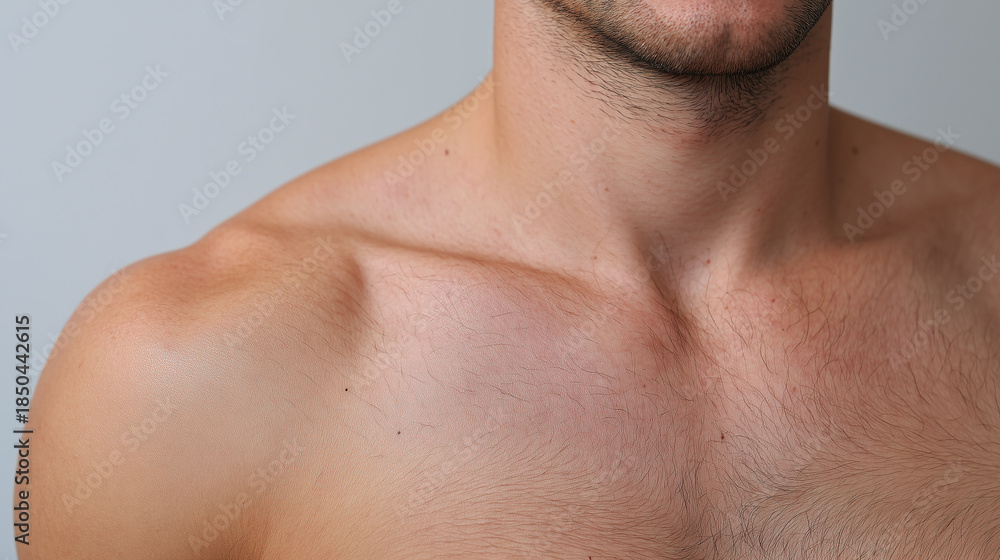 Naklejka premium Male upper chest and neck with subtle natural skin marks, light body hair, and smooth white background, expressing calm and healthy appearance