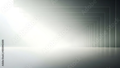 A minimalist, futuristic hallway featuring sleek geometric lines and a bright ethereal glow. The clean white and grey tones create a sophisticated, modern architectural atmosphere.