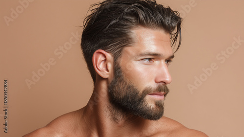 Man with wet hair slicked back soft warm spa light close up masculine face healthy skin brown hair beard bare shoulders looking away relaxed expression