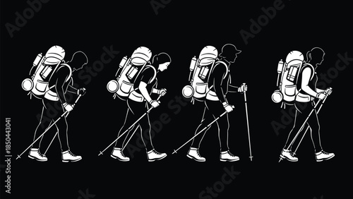 Set of Silhouette Black and White Trekkers with Backpacks and Poles Vector Illustration, People Hiking and Backpacking for Adventure, Travel, Tourism, and Outdoor Activity.