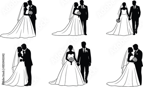 Set of Six Black and White Wedding Couple Silhouettes, Featuring Bride and Groom Poses, Marriage Ceremony Vector Illustration Graphics, Isolated on White.