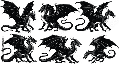Set of Six Black Dragon Silhouettes in Different Fantasy Poses, Mythological Creature and Medieval Beast Vector Illustration Collection, Isolated on White.