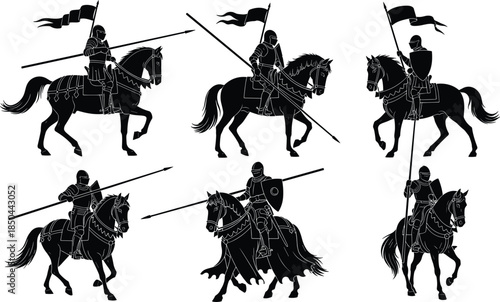 Set of Six Black Medieval Knight Silhouettes, Featuring Armored Warriors on Horses with Spears and Flags, Cavalry Vector Illustration Graphics, Isolated on White.