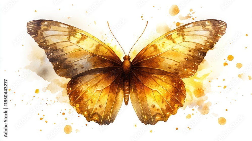 Fototapeta Golden butterfly watercolor, wings spread, white background, nature art, design element