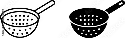 Kitchen equipment icon, strainer illustration, black and white, outline and silhouette versions