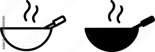 Kitchen equipment icons, wok illustrations, black and white, outline and silhouette versions