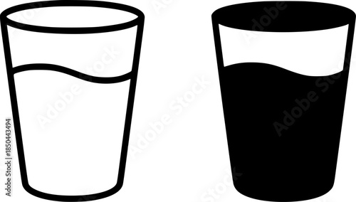 Kitchen equipment icons, glass illustrations, black and white, outline and silhouette versions