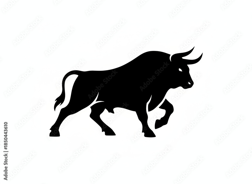 Fototapeta premium Powerful Bull Silhouette: A bold black silhouette of a powerful bull, embodying strength and determination, charging forward with imposing presence.