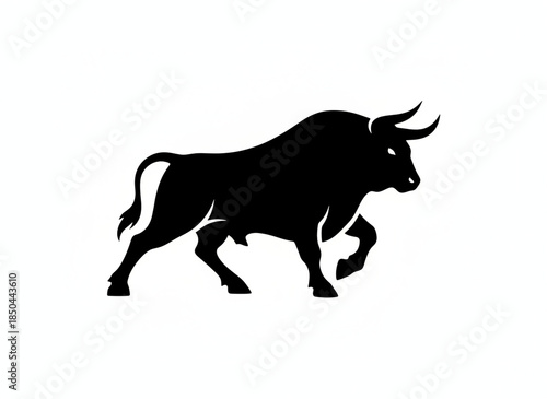 Powerful Bull Silhouette: A bold black silhouette of a powerful bull, embodying strength and determination, charging forward with imposing presence.