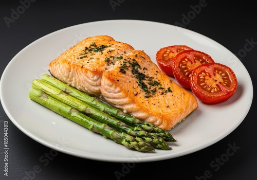 Healthy baked salmon fillet perfectly cooked, garnished with vibrant asparagus spears and sliced tomatoes, generously seasoned with fresh herbs ,dish ,gourmet ,lemon