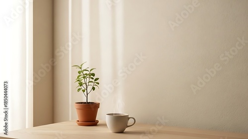 A serene, minimalist scene featuring a small potted plant and a white coffee cup on a light wood table, bathed in soft, warm sunlight streaming through a nearby window.