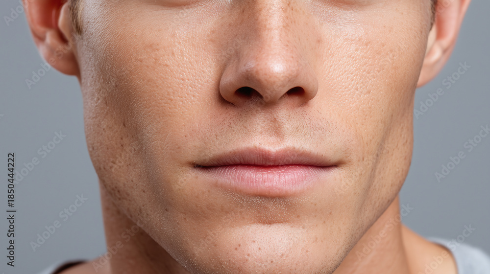 Obraz premium Close up male face with subtle tiny imperfections, smooth skin texture, natural freckles, light stubble, neutral expression, healthy complexion, and visible pores on bright grey background