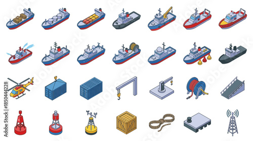 Vector icons Collection of Isometric Marine Vessels and Port Equipment Icons. EPS Editable