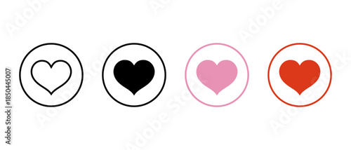 Heart icon set in outline and solid style. Love and romance symbol in circular line