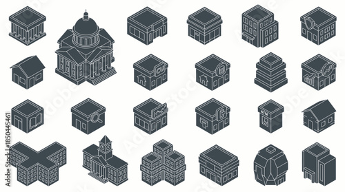 Vector Icons Set of Isometric 3D Models of Various Buildings and Structures. EPS Editable