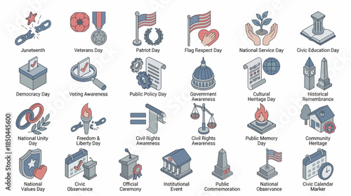 Vector Icons Set of Government and Public Service Isometric Icons Set. EPS Editable