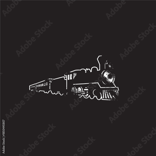 Vintage Steam Train Illustration, Black and White, Isolated on Black Background
