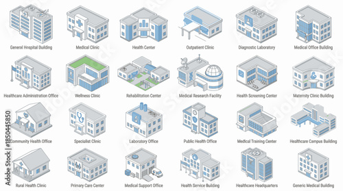 Vector Icons Set of Isometric Medical and Healthcare Buildings Set Vector Illustration. EPS Editable