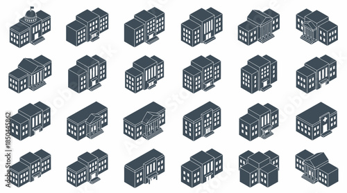 Vector Icons Set of Isometric Building Collection Diverse Architectural Structures in a Grid Layout. EPS Editable