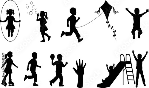 Black silhouette vector set of children playing with a kite, jumping rope, blowing bubbles, and using a playground slide, depicting childhood, recreation, outdoor fun, and happy activities.