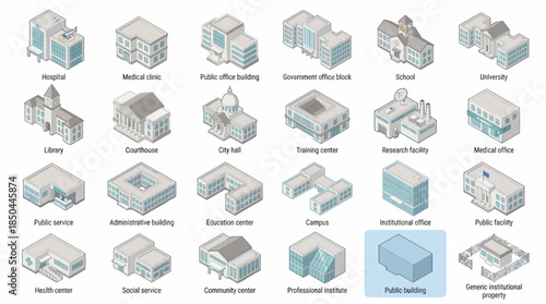 Vector Icons Set of Isometric Building Icons Set A Comprehensive Collection of Architectural Structures for Various Purposes. EPS Editable