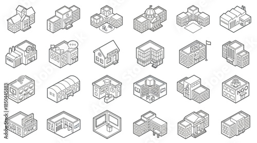 Vector Icons Set of Isometric Building Icons Set Architectural Structures and Urban Elements in Outline Style. EPS Editable