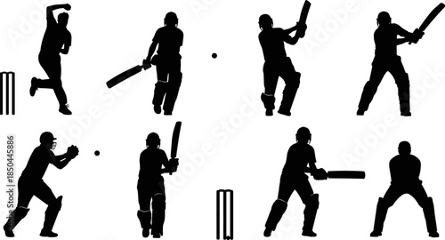 Black silhouette vector set of cricket players in various action poses, depicting batting, bowling, fielding, and wicket keeping, illustrating competition, sportsmanship, and athletic team game.