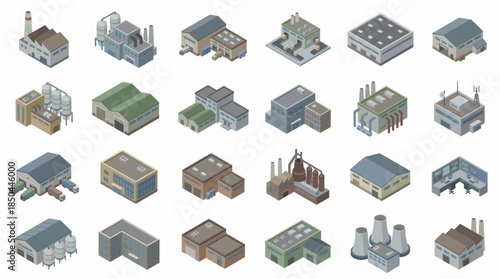Vector Icons Set of Isometric Industrial Buildings and Factories Vector Illustration Set. EPS Editable