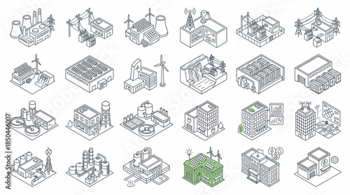 Vector Icons Set of Isometric Industrial Buildings and Green Energy Facilities Line Art Collection. EPS Editable