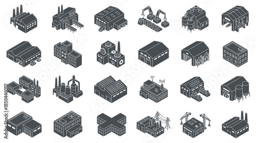 Vector Icons Set of Isometric Industrial Buildings and Structures Collection. EPS Editable